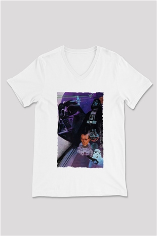 Unisex Star Wars Baskılı Beyaz V Yaka T-shirt