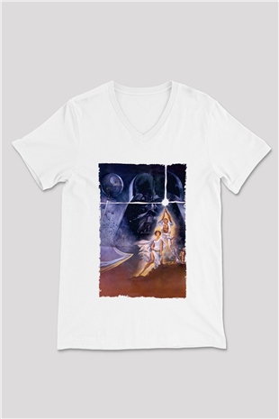 Unisex Star Wars Baskılı Beyaz V Yaka Tshirt