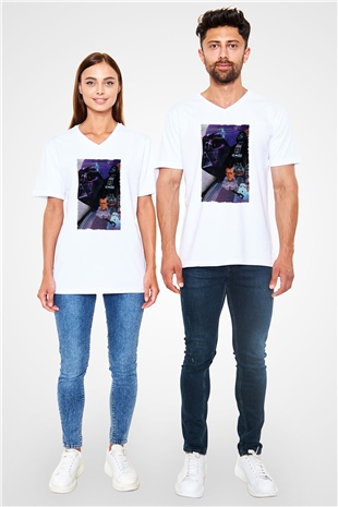 Unisex Star Wars Baskılı Beyaz V Yaka T-shirt