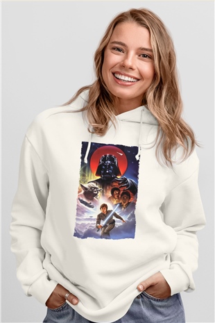 Unisex Star Wars İmparatorun Dönüşü (The Empire Strikes Back) Baskılı Beyaz Kapüşonlu Sweatshirt