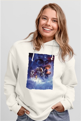 Unisex Star Wars İmparatorun Dönüşü (The Empire Strikes Back) Baskılı Beyaz Kapüşonlu Sweatshirt