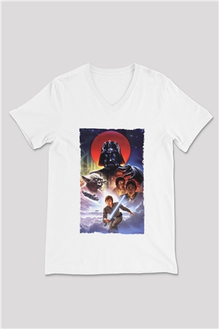 Unisex Star Wars İmparatorun Dönüşü (The Empire Strikes Back) Baskılı Beyaz V Yaka T-shirt