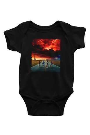 Unisex Stranger Things Baskılı Siyah Bebek Body - Zıbın
