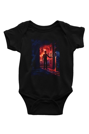 Unisex Stranger Things Baskılı Siyah Bebek Body - Zıbın