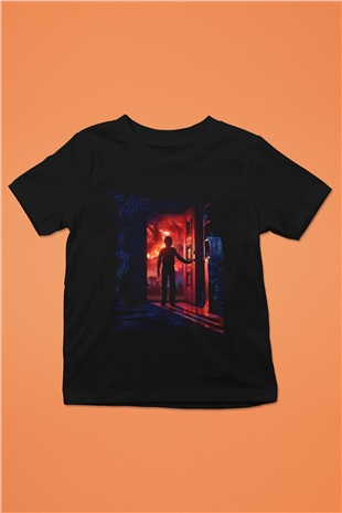 Unisex Stranger Things Baskılı Siyah Çocuk Tshirt