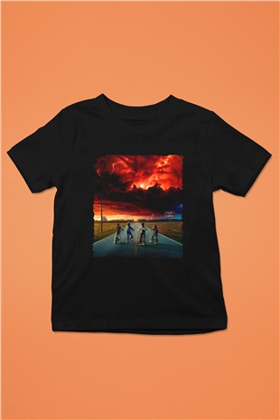 Unisex Stranger Things Baskılı Siyah Çocuk T-Shirt