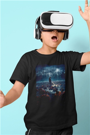 Unisex Stranger Things Baskılı Siyah Çocuk Unisex T-Shirt