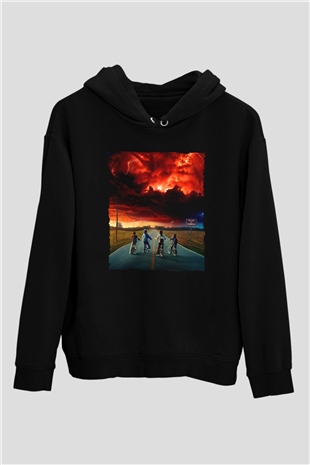 Unisex Stranger Things Baskılı Siyah Kapüşonlu Sweatshirt