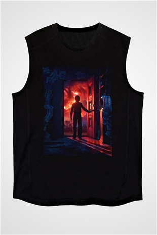 Unisex Stranger Things Baskılı Siyah Kolsuz Tshirt