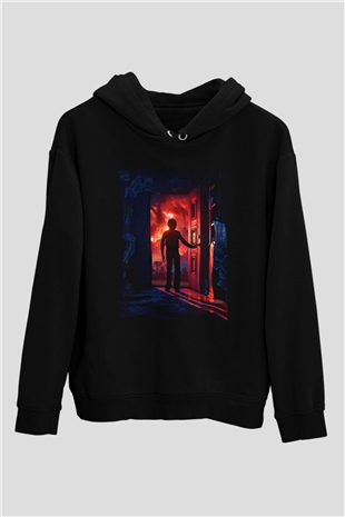Unisex Stranger Things Baskılı Siyah Kapüşonlu Sweatshirt