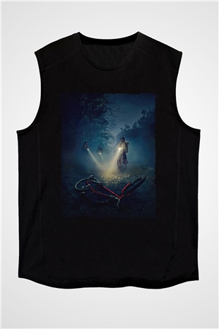 Unisex Stranger Things Baskılı Siyah Kolsuz Tişört