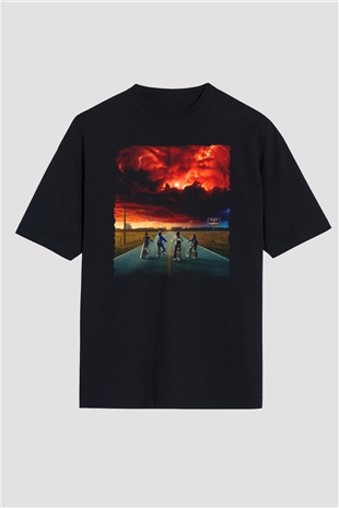 Unisex Stranger Things Baskılı Siyah Oversize T-shirt