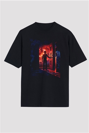 Unisex Stranger Things Baskılı Siyah Oversize Tshirt