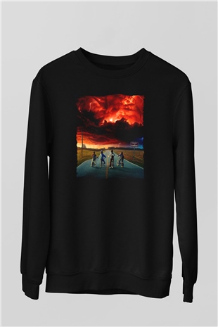 Unisex Stranger Things Baskılı Siyah Sweatshirt