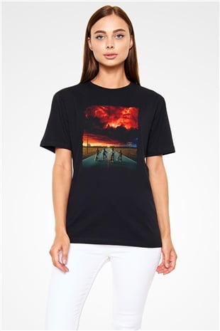 Stranger Things Baskılı Siyah T-Shirt