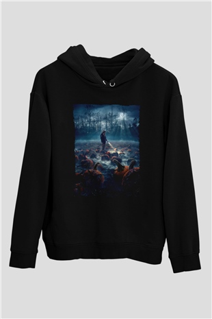 Unisex Stranger Things Baskılı Siyah Unisex Kapüşonlu Sweatshirt