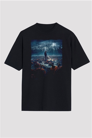 Unisex Stranger Things Baskılı Siyah Unisex Oversize T-shirt