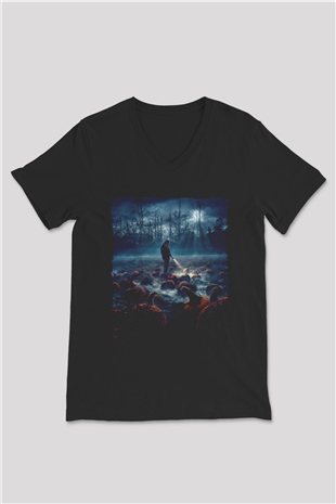 Unisex Stranger Things Baskılı Siyah Unisex V Yaka T-shirt