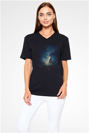 Unisex Stranger Things Baskılı Siyah V Yaka Tişört