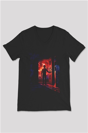 Unisex Stranger Things Baskılı Siyah V Yaka Tshirt