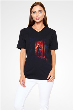 Unisex Stranger Things Baskılı Siyah V Yaka Tshirt