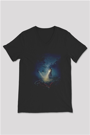 Unisex Stranger Things Baskılı Siyah V Yaka Tişört