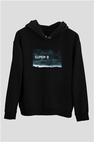 Unisex Super 8 Baskılı Siyah Kapüşonlu Sweatshirt