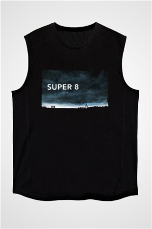 Unisex Super 8 Baskılı Siyah Kolsuz T-shirt