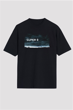 Unisex Super 8 Baskılı Siyah Oversize T-shirt