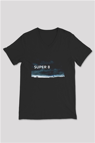 Unisex Super 8 Baskılı Siyah V Yaka T-shirt