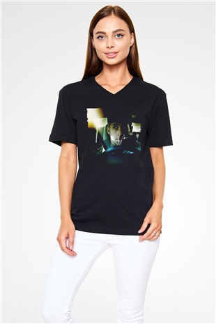 Unisex Sürücü (Drive) Baskılı Siyah V Yaka Tshirt