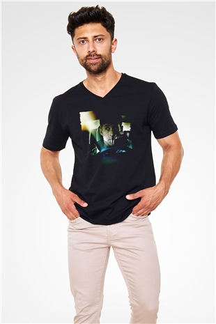 Unisex Sürücü (Drive) Baskılı Siyah V Yaka Tshirt