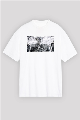Unisex Taht Oyunları Baskılı Beyaz Oversize Oversize T-shirt