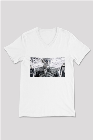 Unisex Taht Oyunları Baskılı Beyaz V Yaka Tshirt
