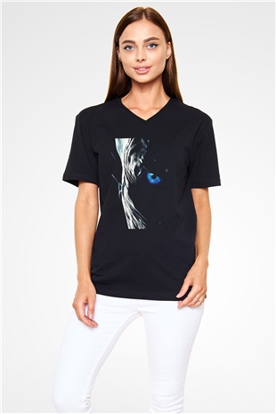 Unisex Taht Oyunları Baskılı Siyah V Yaka Tshirt