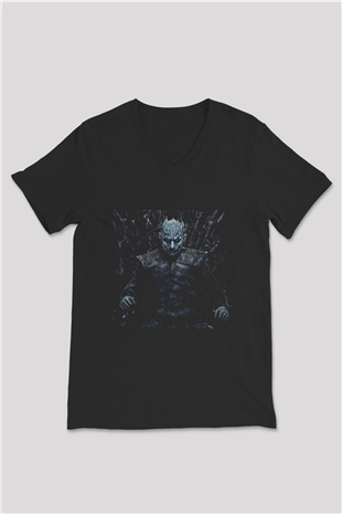 Unisex Taht Oyunları Baskılı Siyah V Yaka T-shirt