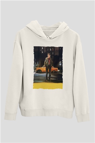 Unisex Taksi Şoförü (Taxi Driver) Baskılı Beyaz Kapüşonlu Sweatshirt