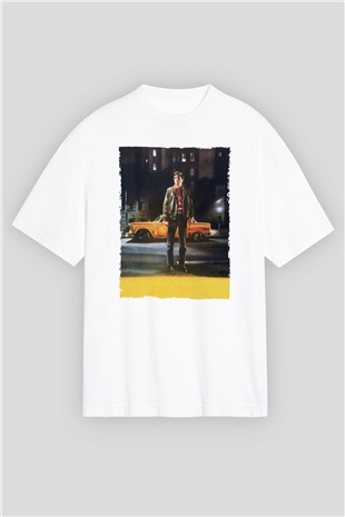 Unisex Taksi Şoförü (Taxi Driver) Baskılı Beyaz Oversize Tişört