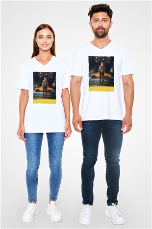 Unisex Taksi Şoförü (Taxi Driver) Baskılı Beyaz V Yaka Tişört