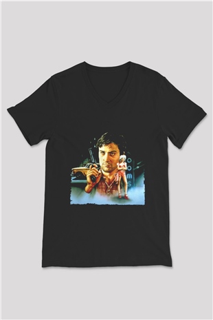 Unisex Taksi Şoförü (Taxi Driver) Baskılı Siyah V Yaka Tshirt