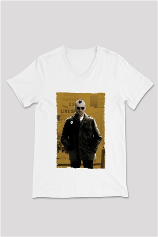 Unisex Taksi Şoförü (Taxi Driver) Baskılı Beyaz V Yaka Tshirt
