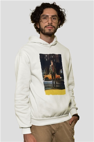 Unisex Taksi Şoförü (Taxi Driver) Baskılı Beyaz Kapüşonlu Sweatshirt