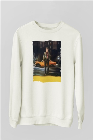 Unisex Taksi Şoförü (Taxi Driver) Baskılı Beyaz Sweatshirt