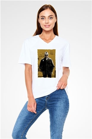 Unisex Taksi Şoförü (Taxi Driver) Baskılı Beyaz V Yaka Tshirt