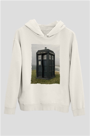 Unisex Tardis - Doctor Who Baskılı Beyaz Kapüşonlu Sweatshirt