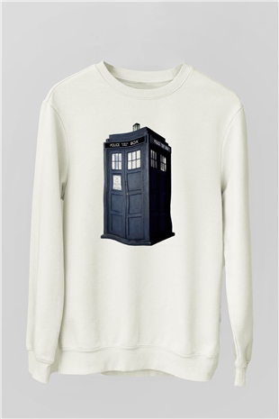 Unisex Tardis - Doctor Who Baskılı Beyaz Sweatshirt