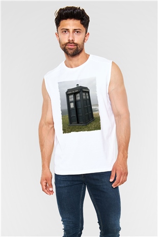 Unisex Tardis - Doctor Who Baskılı Beyaz Kolsuz Tshirt