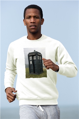 Unisex Tardis - Doctor Who Baskılı Beyaz Sweatshirt