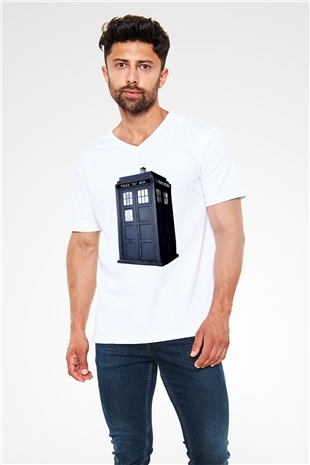 Unisex Tardis - Doctor Who Baskılı Beyaz V Yaka T-shirt