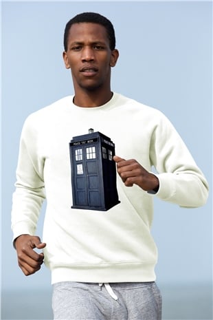 Unisex Tardis - Doctor Who Baskılı Beyaz Sweatshirt